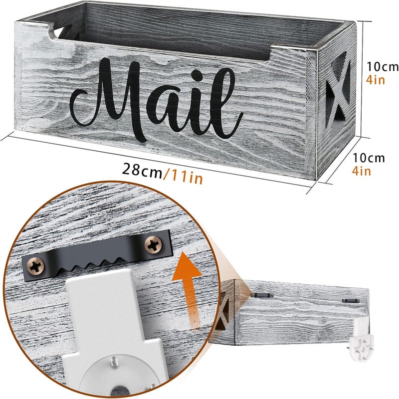 BOTOP Mail Organizer Holder Countertop, Rustic Wood Mail Basket Storage Tray Letter Holder for Office Desk Wall Mount - Grey - Image 4